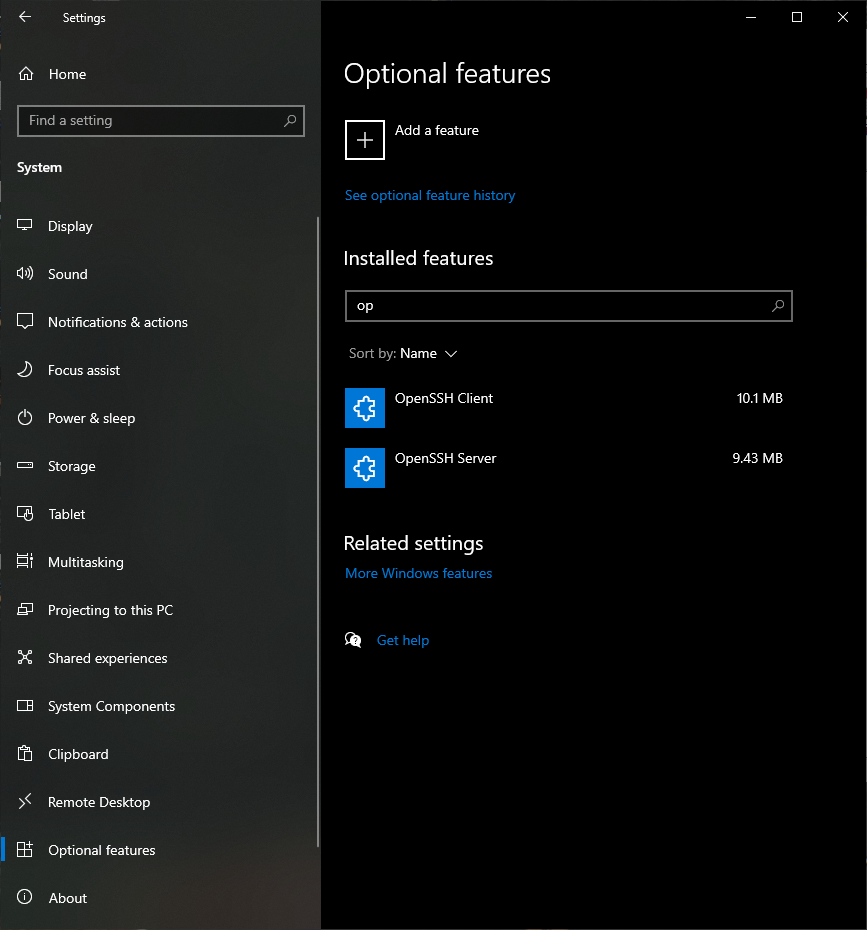 Windows 10 optional features